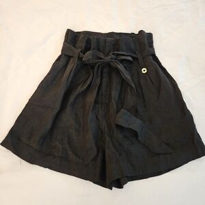OndadeMar Linen High-Waist Paperbag Shorts with Tie - Black S